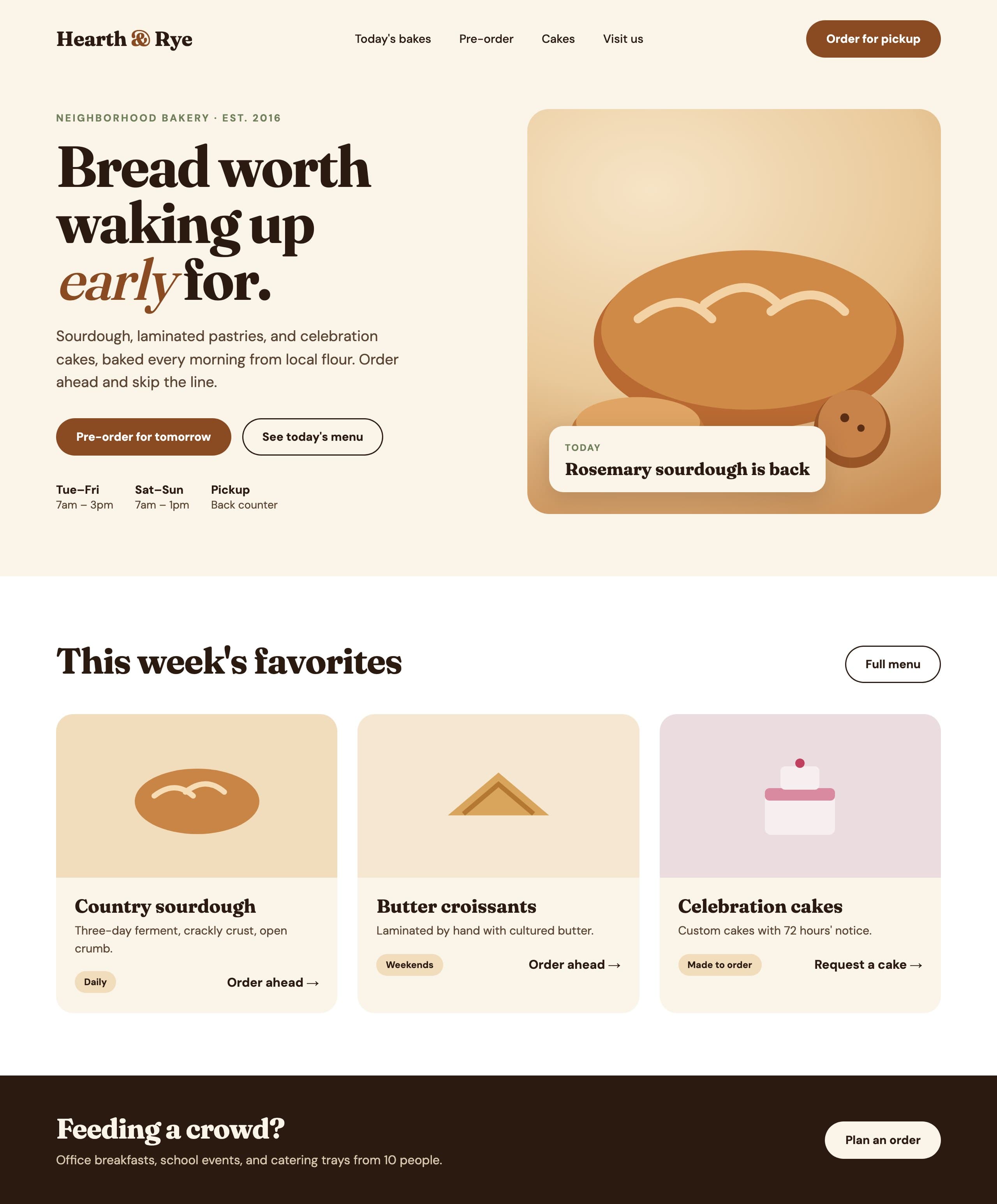 Concept homepage for a fictional bakery, Hearth & Rye, with a pre-order button, opening hours, and three featured bakes