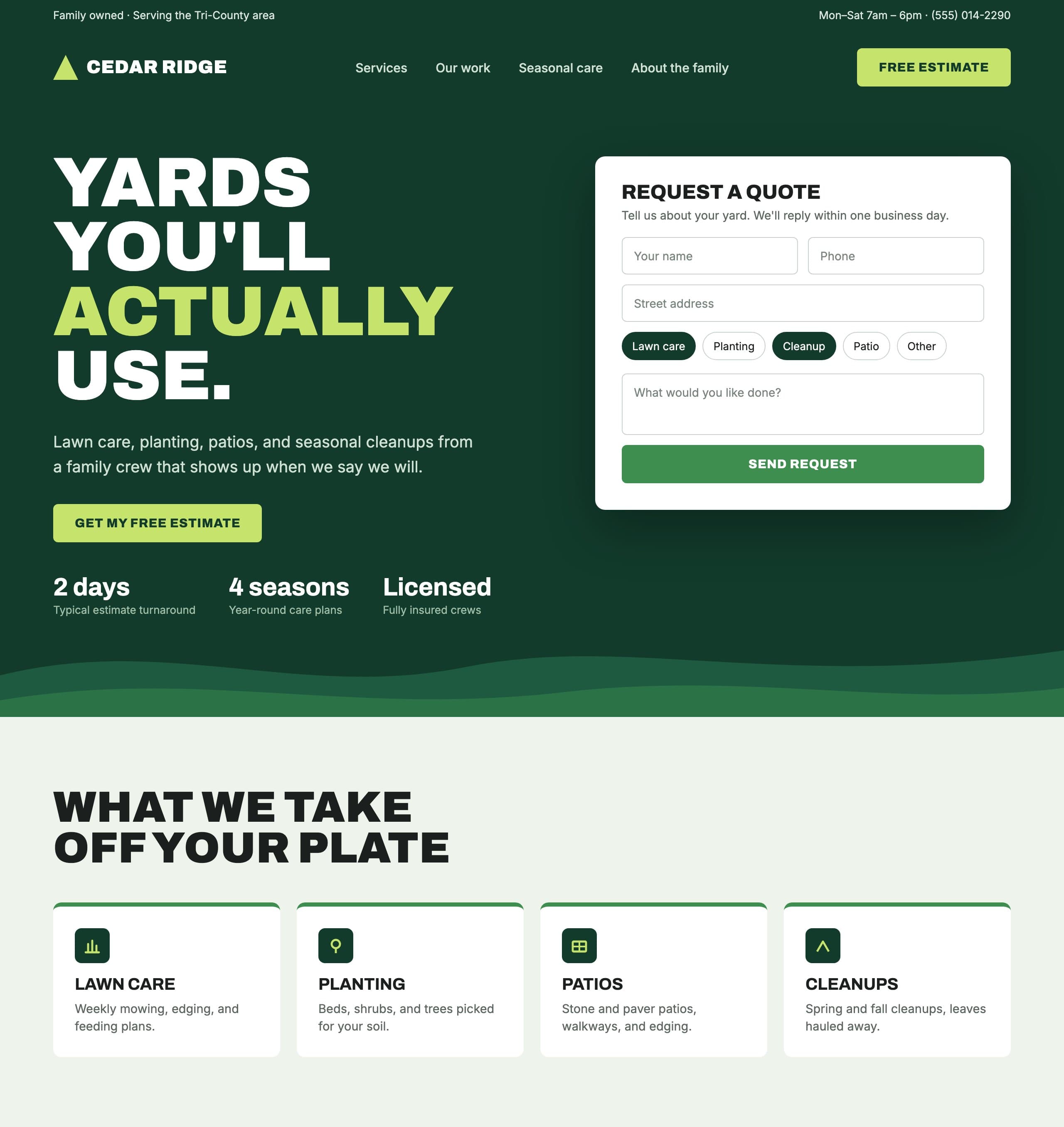 Concept landing page for a fictional landscaping company, Cedar Ridge, with a quote request form and four services