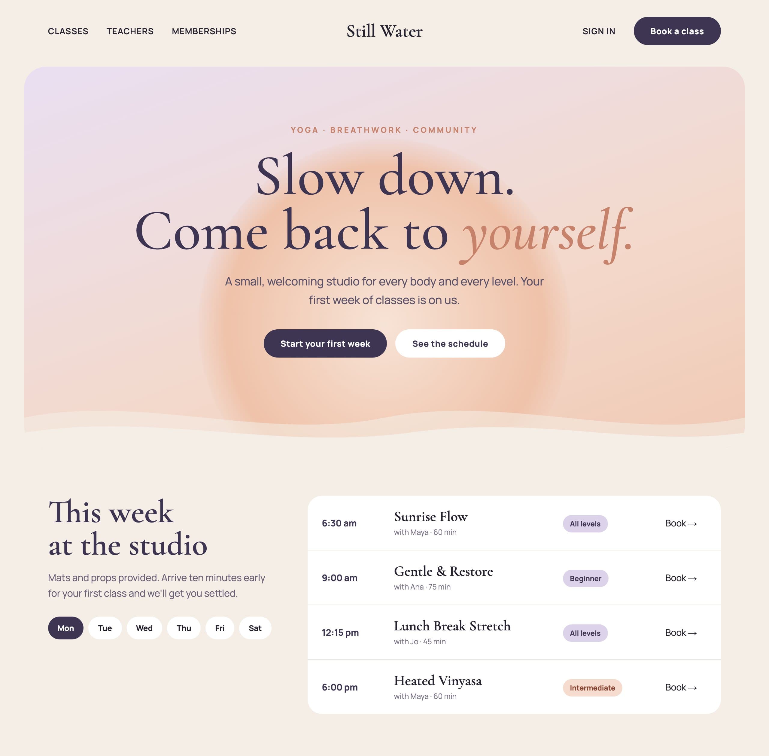 Concept homepage for a fictional yoga studio, Still Water, with a class schedule